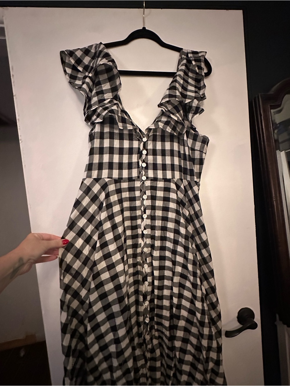 J. Crew Black and White Gingham Button-Front Maxi Dress with Ruffle Straps - Picture 2 of 3